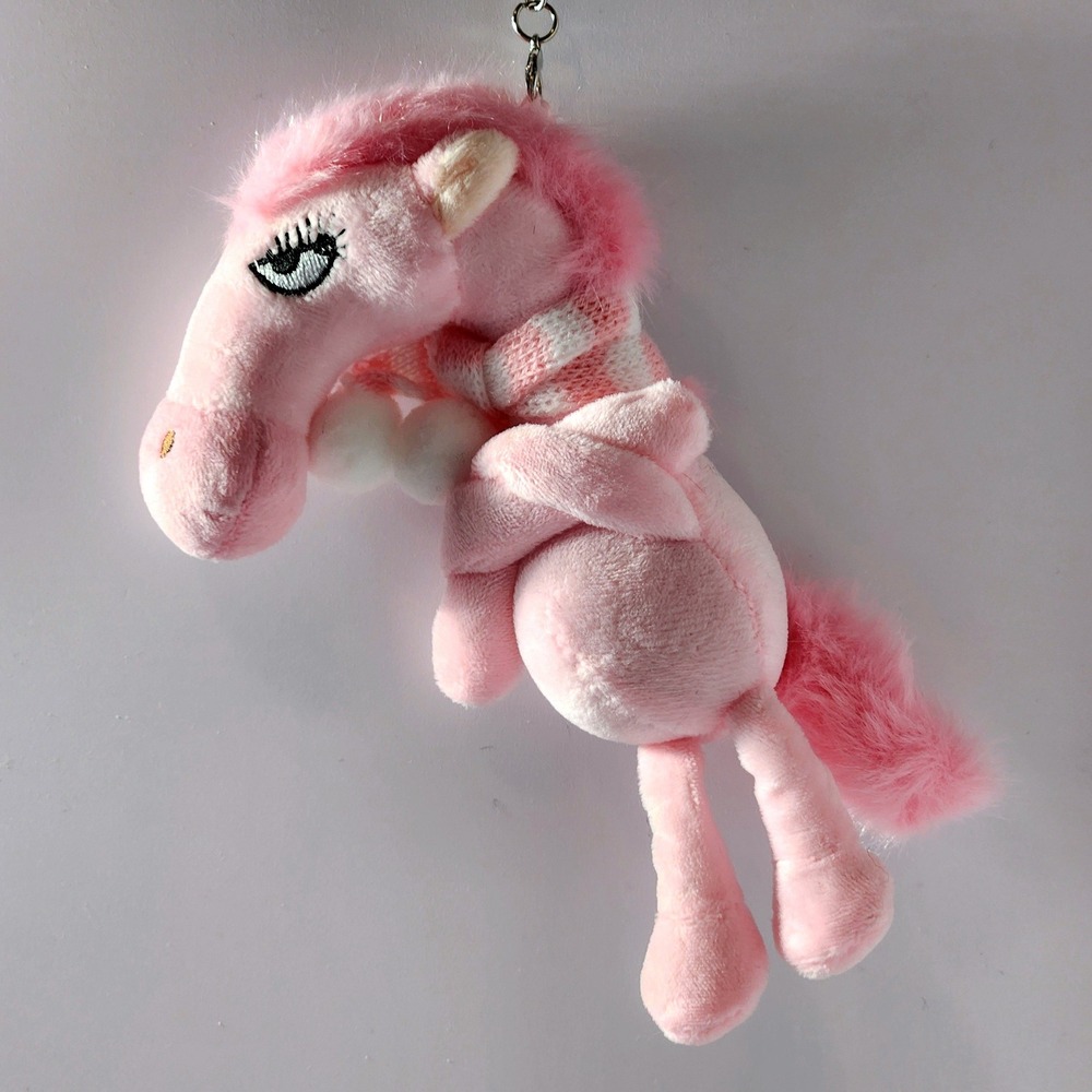 Pink Plush Horse Keychain with Scarf and Pom Poms Bag Charm 5.5 Inch